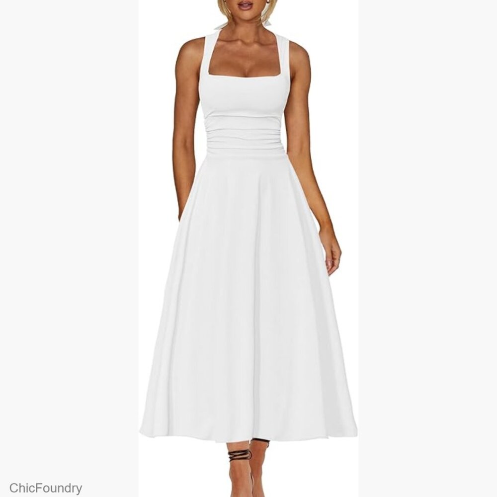 Square Neck Corset Maxi Dress Ruffle Ruched Waist Flowy Formal